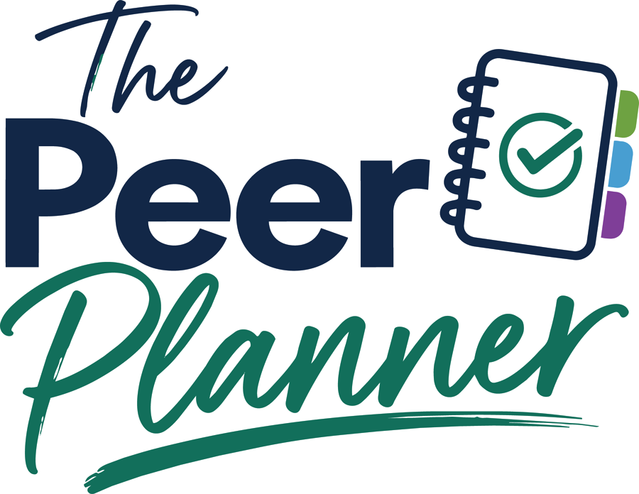 The Peer Planner logo: script and bold lettering beside a spiral planner with a green check mark and three colored tabs